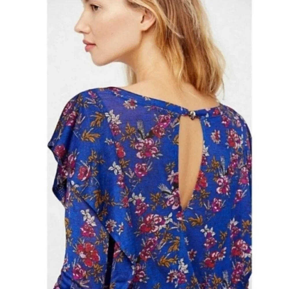 Free People Dock Street Floral Print Ruffle Blouse Womens Size XS Whimsigoth